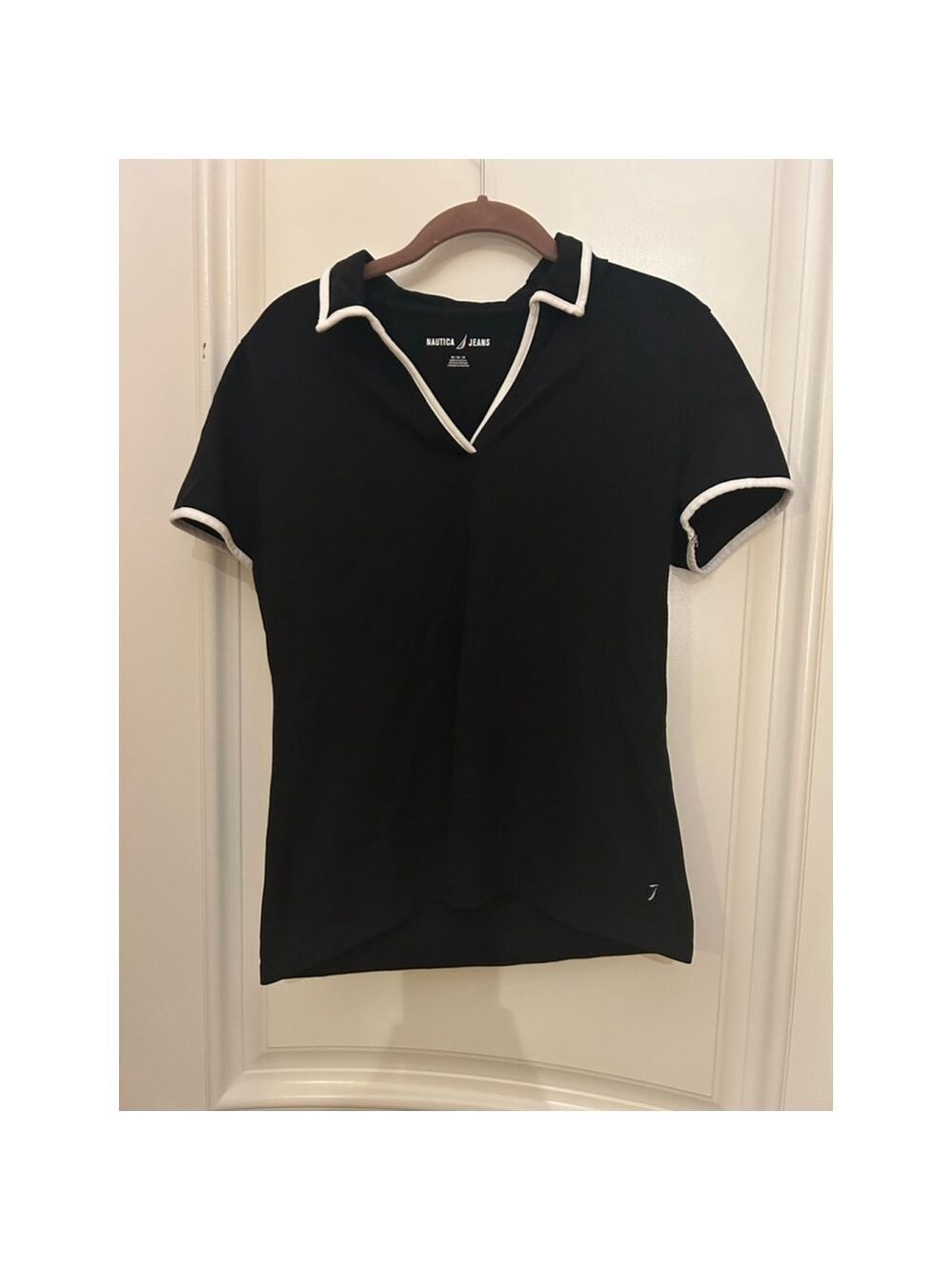 Women's Nautica Jeans Black & White Short Sleeve Polo Sweater M
